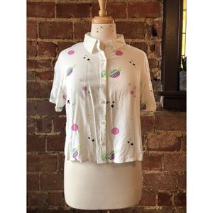 F21 Space Themed Neon Cropped Button-Down